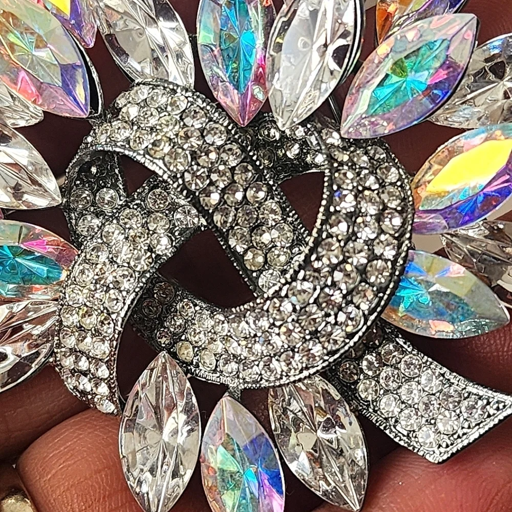 Large Statement Silver Iridescent Crystal Stones Brooch Pin